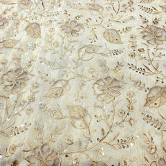 Embroidered Dyeable Shimmer Tissue Fabric with Floral & Leaf Net Patchwork