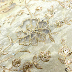 Embroidered Dyeable Shimmer Tissue Fabric with Floral & Leaf Net Patchwork