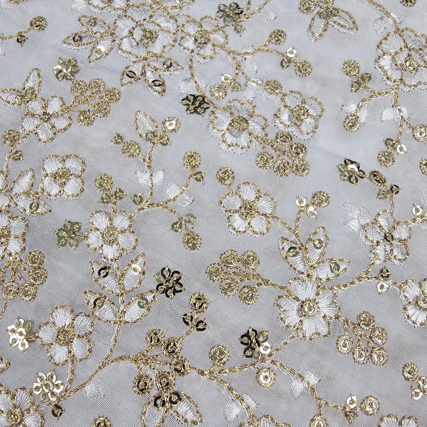 Embroidered Shimmer Tissue Dyeable Fabric with Floral thread work and Zari and Sequins Work