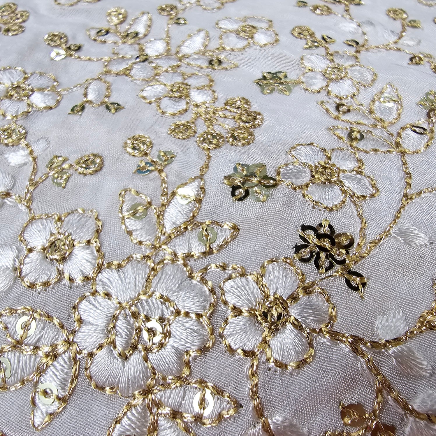 Embroidered Shimmer Tissue Dyeable Fabric with Floral thread work and Zari and Sequins Work