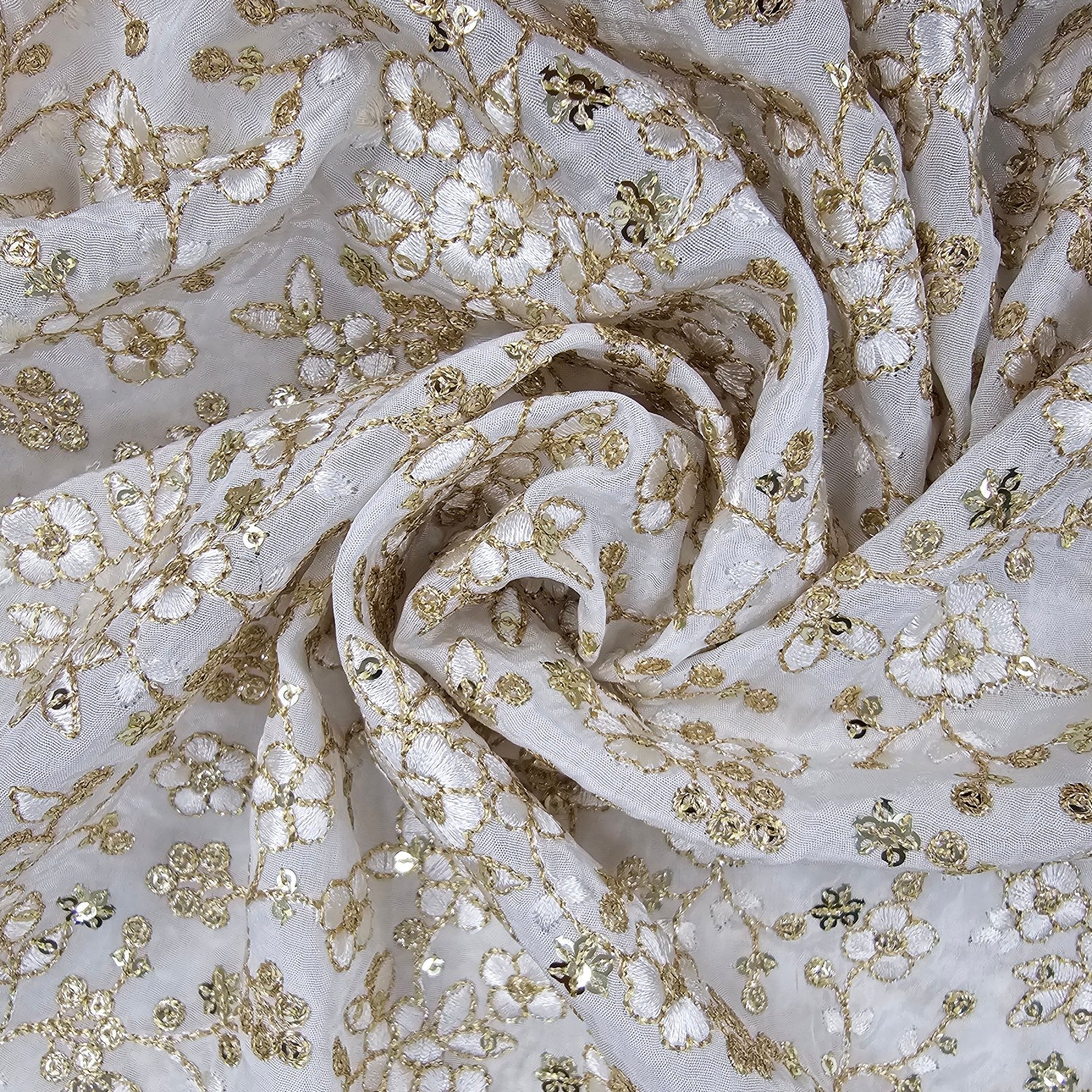 Embroidered Shimmer Tissue Dyeable Fabric with Floral thread work and Zari and Sequins Work
