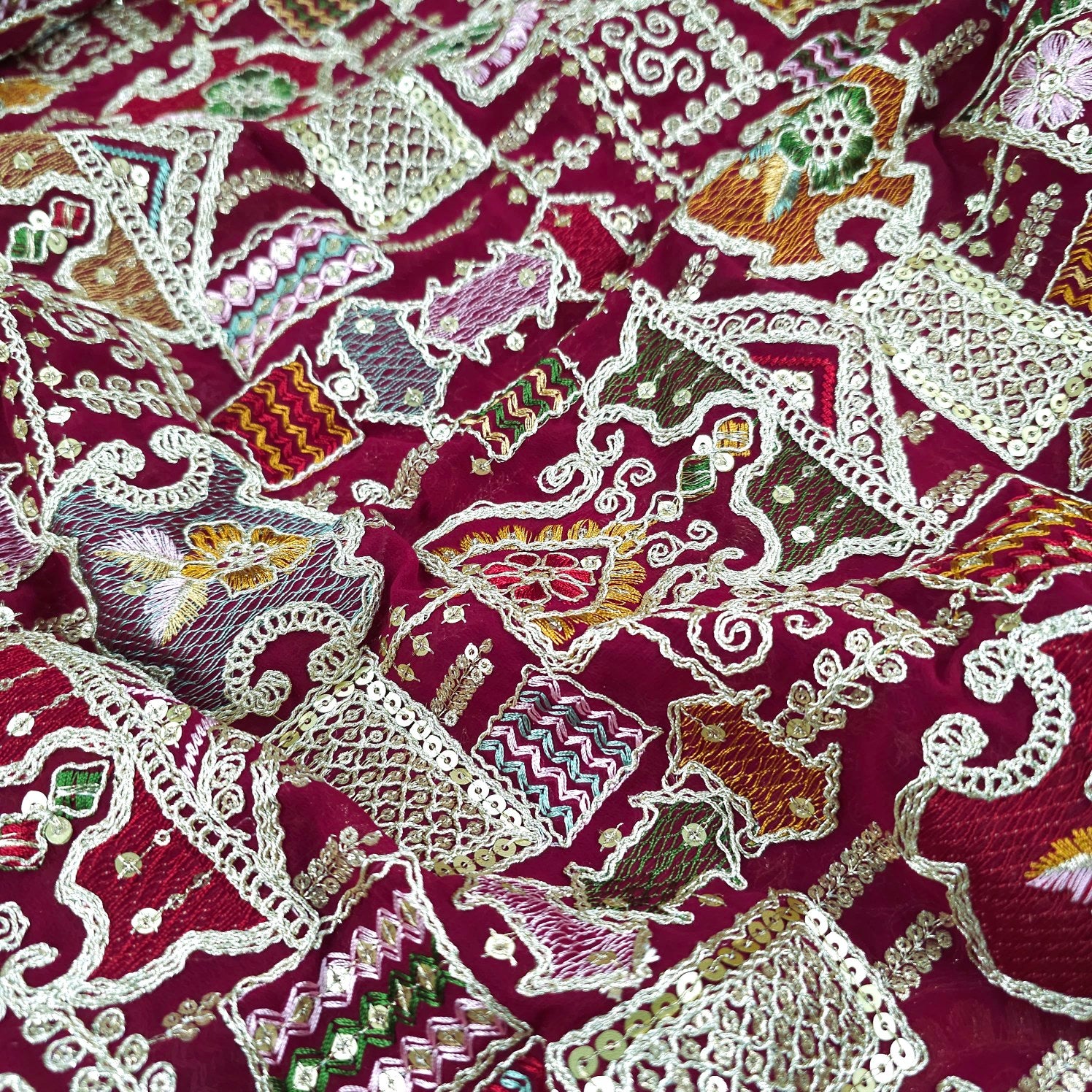Purvi Maroon Wine Base Georgette Fabric with Intricate Multi-thread Embroidery, Sequins and Zari Work