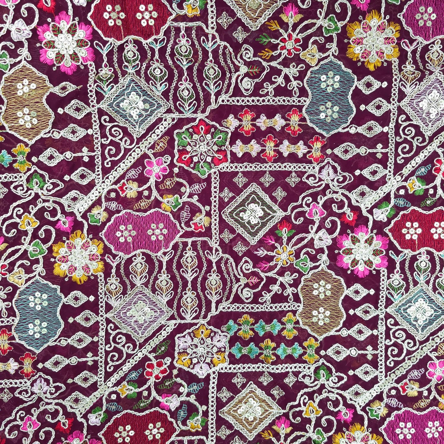 Purvi Deep Royal Wine Purple Base Georgette Fabric with Intricate Multi-thread Embroidery, Sequins and Zari Work