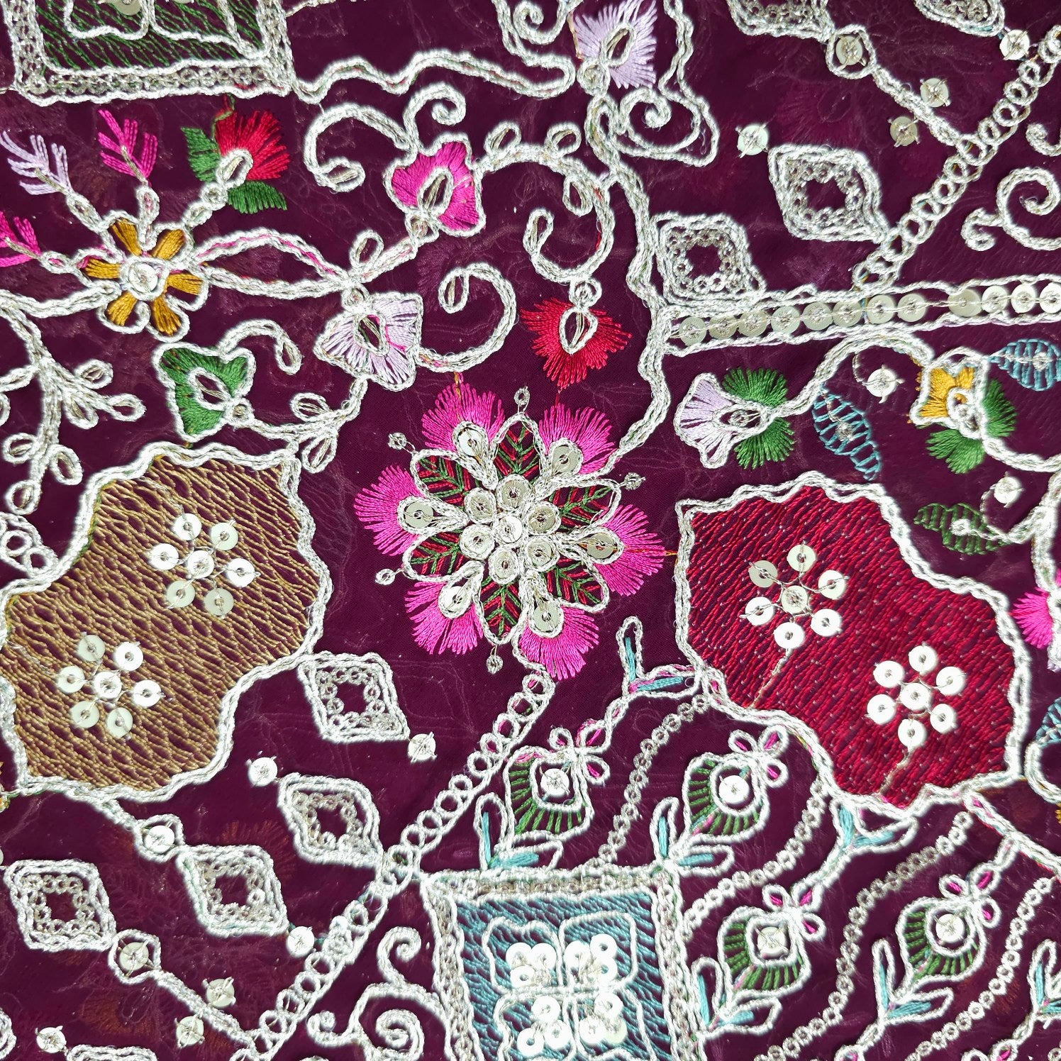 Purvi Deep Royal Wine Purple Base Georgette Fabric with Intricate Multi-thread Embroidery, Sequins and Zari Work