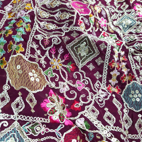 Purvi Deep Royal Wine Purple Base Georgette Fabric with Intricate Multi-thread Embroidery, Sequins and Zari Work