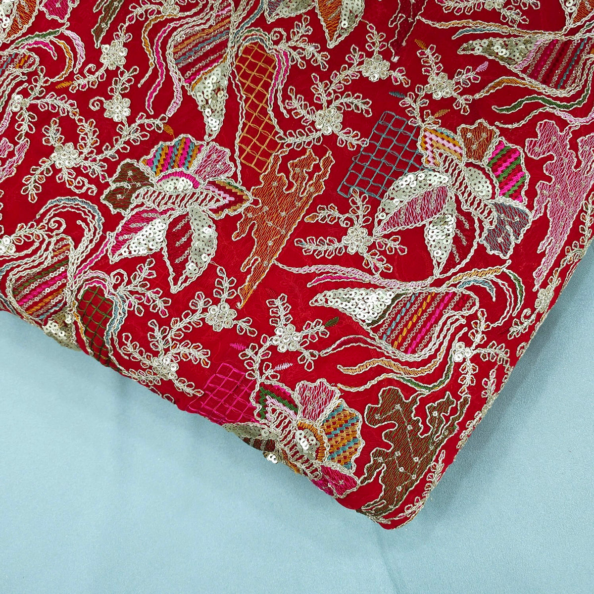 Purvi Scarlet Red Base Georgette Fabric with Intricate Multi-thread Embroidery, Sequins and Zari Work