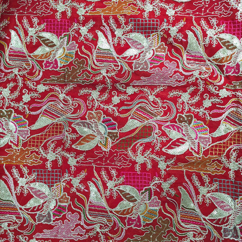Purvi Scarlet Red Base Georgette Fabric with Intricate Multi-thread Embroidery, Sequins and Zari Work
