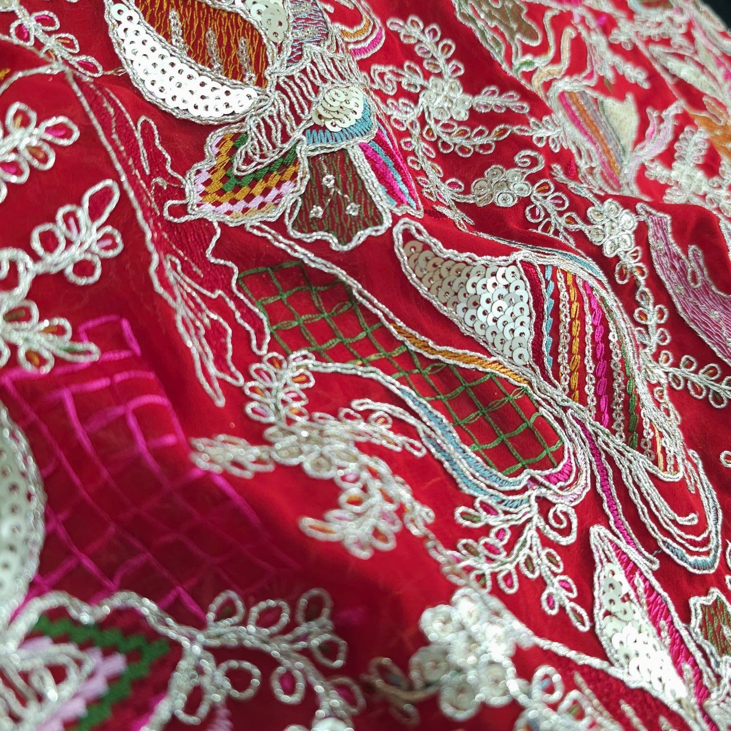 Purvi Scarlet Red Base Georgette Fabric with Intricate Multi-thread Embroidery, Sequins and Zari Work