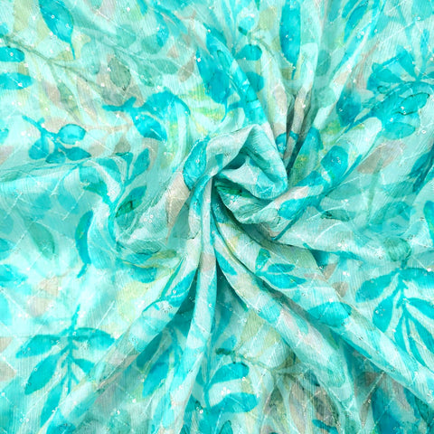 Riwaz Sky Blue Base Embroidered Chinon Fabric with leaf motifs