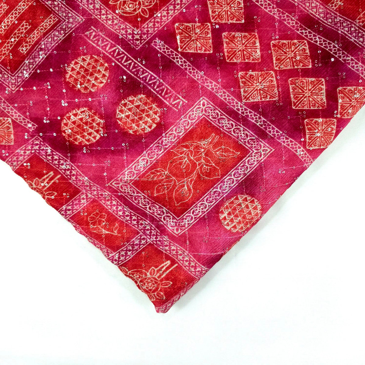 Riwaz Pink Base Embroidered Chinon Fabric with Floral and Geometric motifs