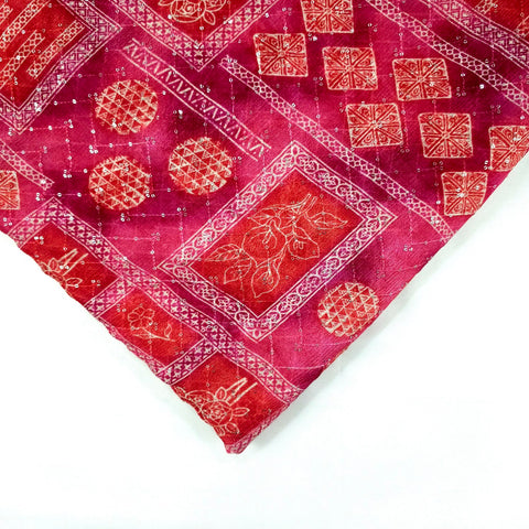 Riwaz Pink Base Embroidered Chinon Fabric with Floral and Geometric motifs
