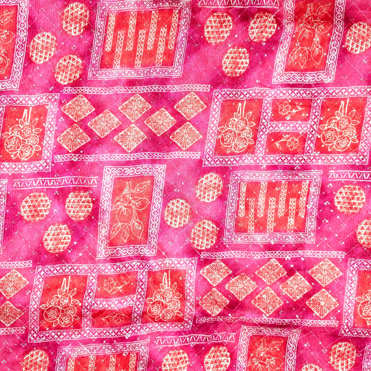 Riwaz Pink Base Embroidered Chinon Fabric with Floral and Geometric motifs