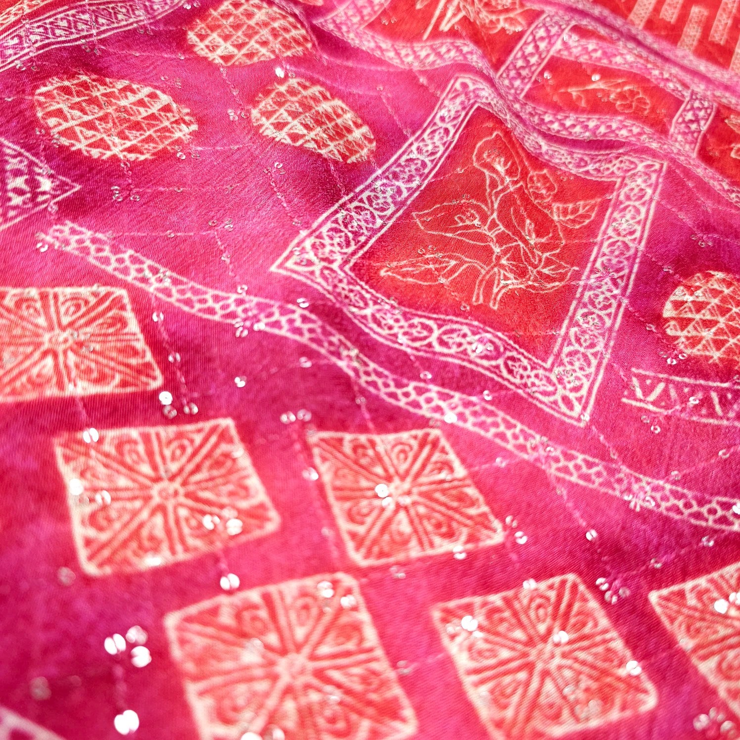 Riwaz Pink Base Embroidered Chinon Fabric with Floral and Geometric motifs