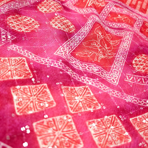 Riwaz Pink Base Embroidered Chinon Fabric with Floral and Geometric motifs