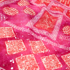 Riwaz Pink Base Embroidered Chinon Fabric with Floral and Geometric motifs