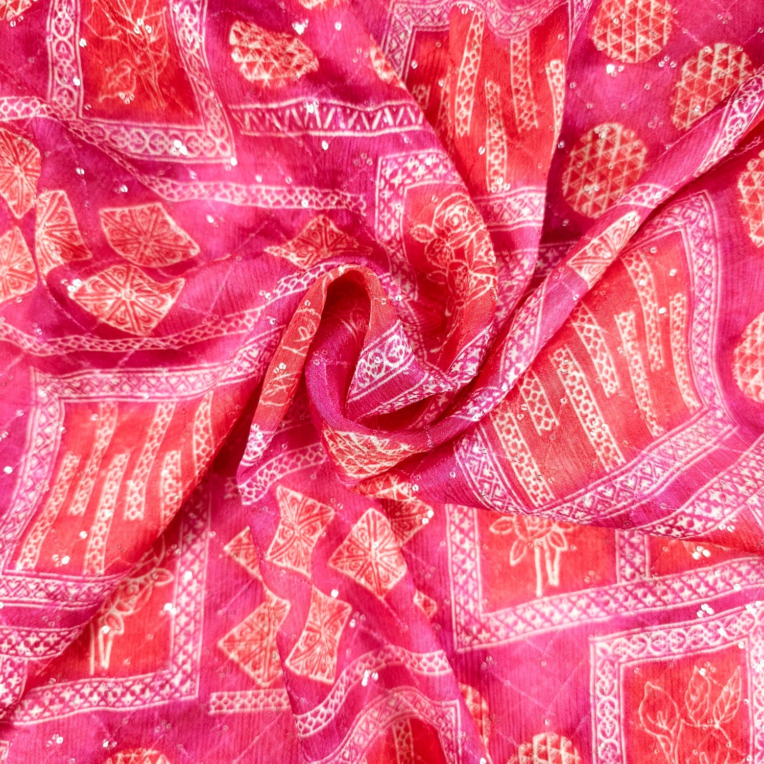 Riwaz Pink Base Embroidered Chinon Fabric with Floral and Geometric motifs