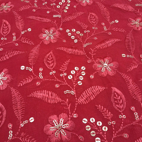 Gulrang Floral Sequin Work on Deep Red Georgette Base