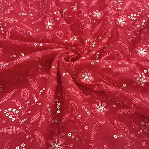 Gulrang Floral Sequin Work on Deep Red Georgette Base