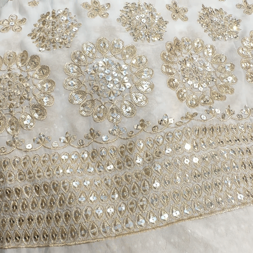 Embroidered Georgette Dyeable Fabric with All Over Sequin Butta and Circular Floral Border