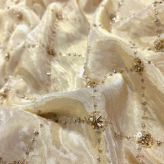 Gold Sequin Embroidered Dyeable shimmer Tissue Fabric with Checkered pattern