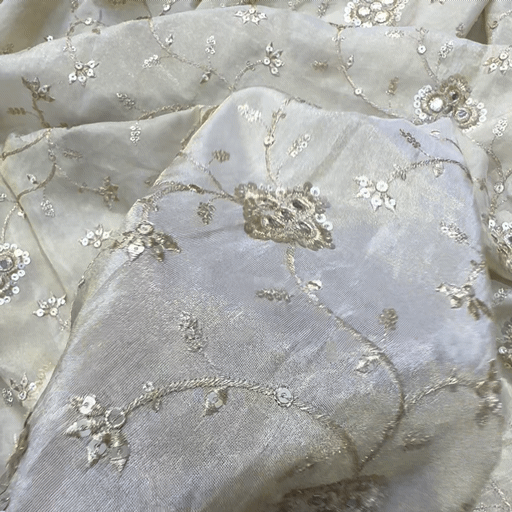 Embroidered Dyeable shimmer Tissue Fabric with Gold Circular Floral motif with Mirror