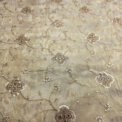 Embroidered Dyeable shimmer Tissue Fabric with Gold Circular Floral motif with Mirror