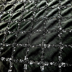 Embroidered Black Georgette Fabric with Sequin Checkered Pattern