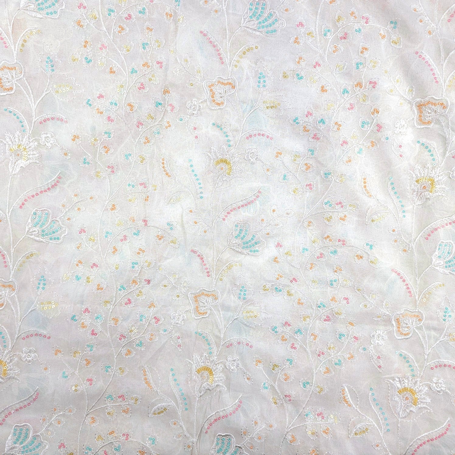 Embroidered Multicolor Sequin and Threadwork on Dyeable Georgette fabric