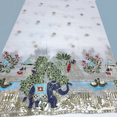 Embroidered Dyeable Georgette Fabric with Elephant & Trees Border