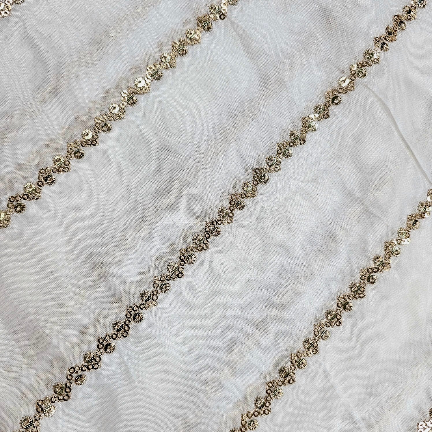 Embroidered Dyeable Organza Fabric with Gold Sequin Stripes Work