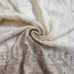 Embroidered Shimmer Tissue Dyeable Fabric with Geometric and Floral Border