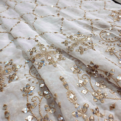 Embroidered Shimmer Tissue Dyeable Fabric with all overJaal Pattern & Sequin, Zari Work Border