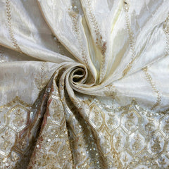 Embroidered Shimmer Tissue Dyeable Fabric with Floral and Hexagon Motif Sequin & Zari Work Border