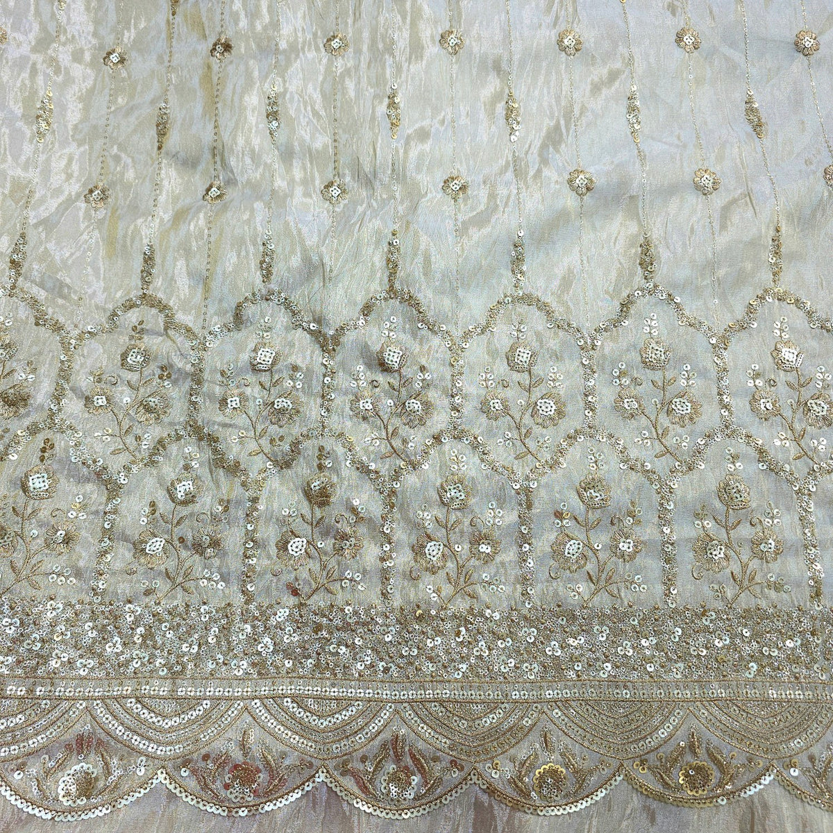 Embroidered Shimmer Tissue Dyeable Fabric with Floral Sequin & Zari Work Border