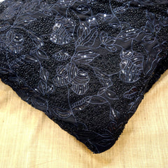 Embroidered Black Georgette Fabric with Floral Sequin Work and Threadwork