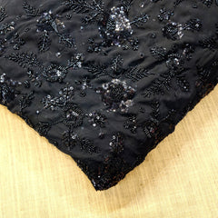 Embroidered Black Georgette Fabric with Rose Motif Cutdana Work and Sequins Work