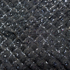 Embroidered Black Georgette Fabric with Checkered Floral Cutdana Work and Sequins Work
