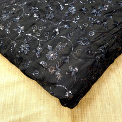 Embroidered Black Georgette Fabric with Checkered Floral Threadwork and Sequins Work