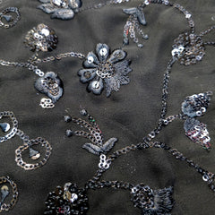 Embroidered Black Georgette Fabric with Checkered Floral Threadwork and Sequins Work