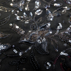 Embroidered Black Georgette Fabric with Triangular Floral Threadwork and Sequins Work