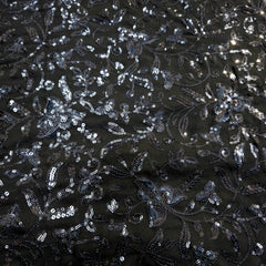 Embroidered Black Georgette Fabric with Triangular Floral Threadwork and Sequins Work