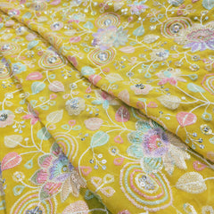 Embroidered Floral Multicolor Sequin work on Yellow Georgette Base