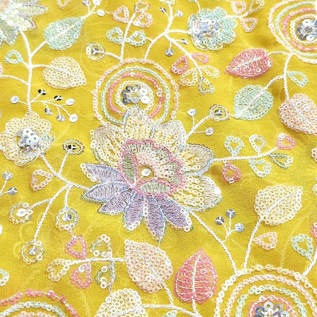 Embroidered Floral Multicolor Sequin work on Yellow Georgette Base