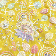 Embroidered Floral Multicolor Sequin work on Yellow Georgette Base
