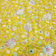 Embroidered Floral Multicolor Sequin work on Yellow Georgette Base