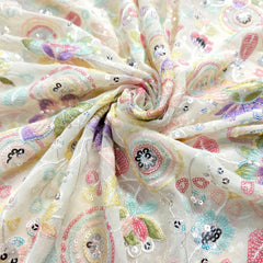 Embroidered Floral Multicolor Sequin work on White Georgette Base