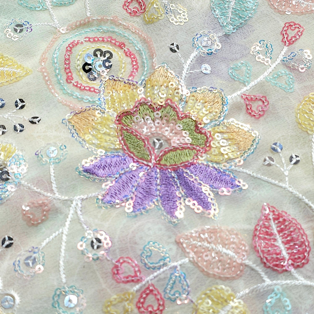 Embroidered Floral Multicolor Sequin work on White Georgette Base