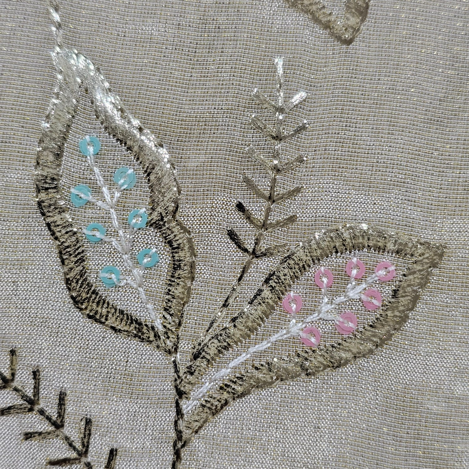 Gold Embroidered Shimmer Tissue Dyeable Fabric with Leaf Motifs Zari and Sequins Work