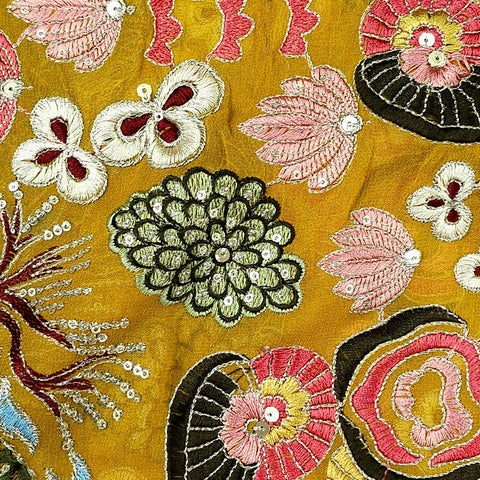Nakshtra Mustard Yellow Georgette Base Embroidered Fabric