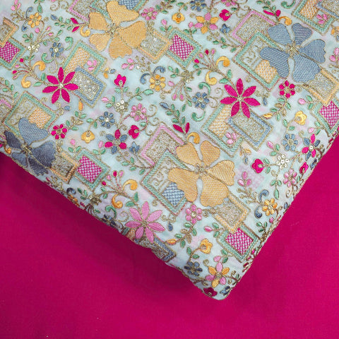Nazira Embroidered White Georgette Fabric with Multicolor Floral Pattern
